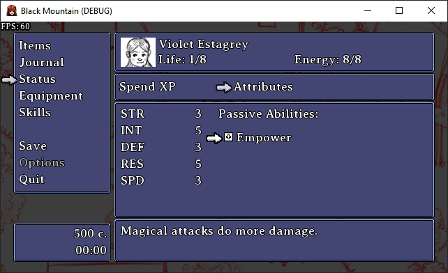 A menu screen show Violet's statistics and passive abilities